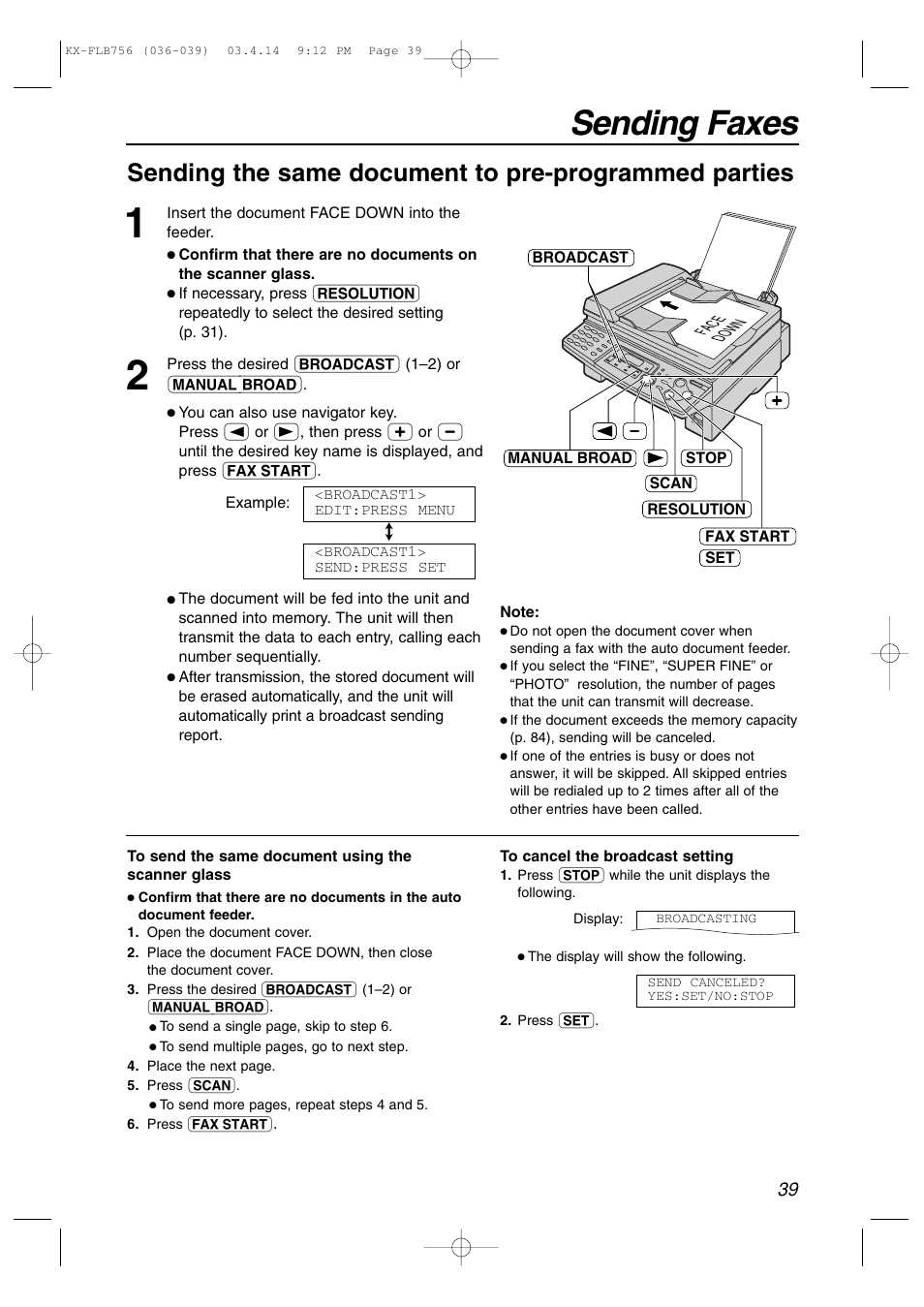 Sending faxes | Panasonic KX-FLB756 User Manual | Page 39 / 92