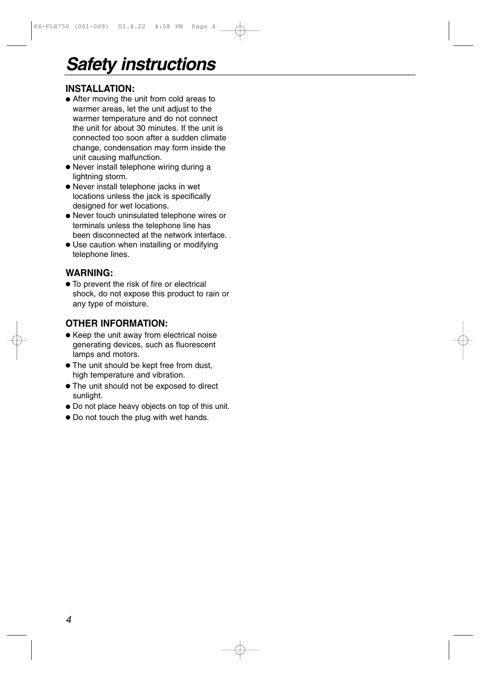 Safety instructions, Installation, Warning | Other information | Panasonic KX-FLB756 User Manual | Page 4 / 92