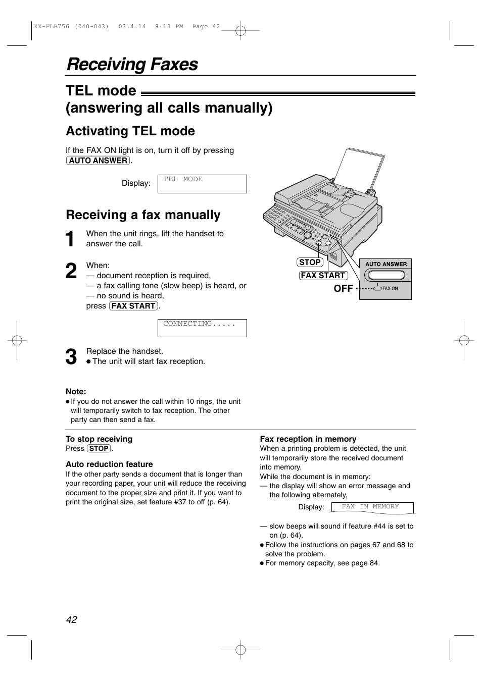 Receiving faxes, Tel mode ! (answering all calls manually), Activating tel mode receiving a fax manually | Panasonic KX-FLB756 User Manual | Page 42 / 92