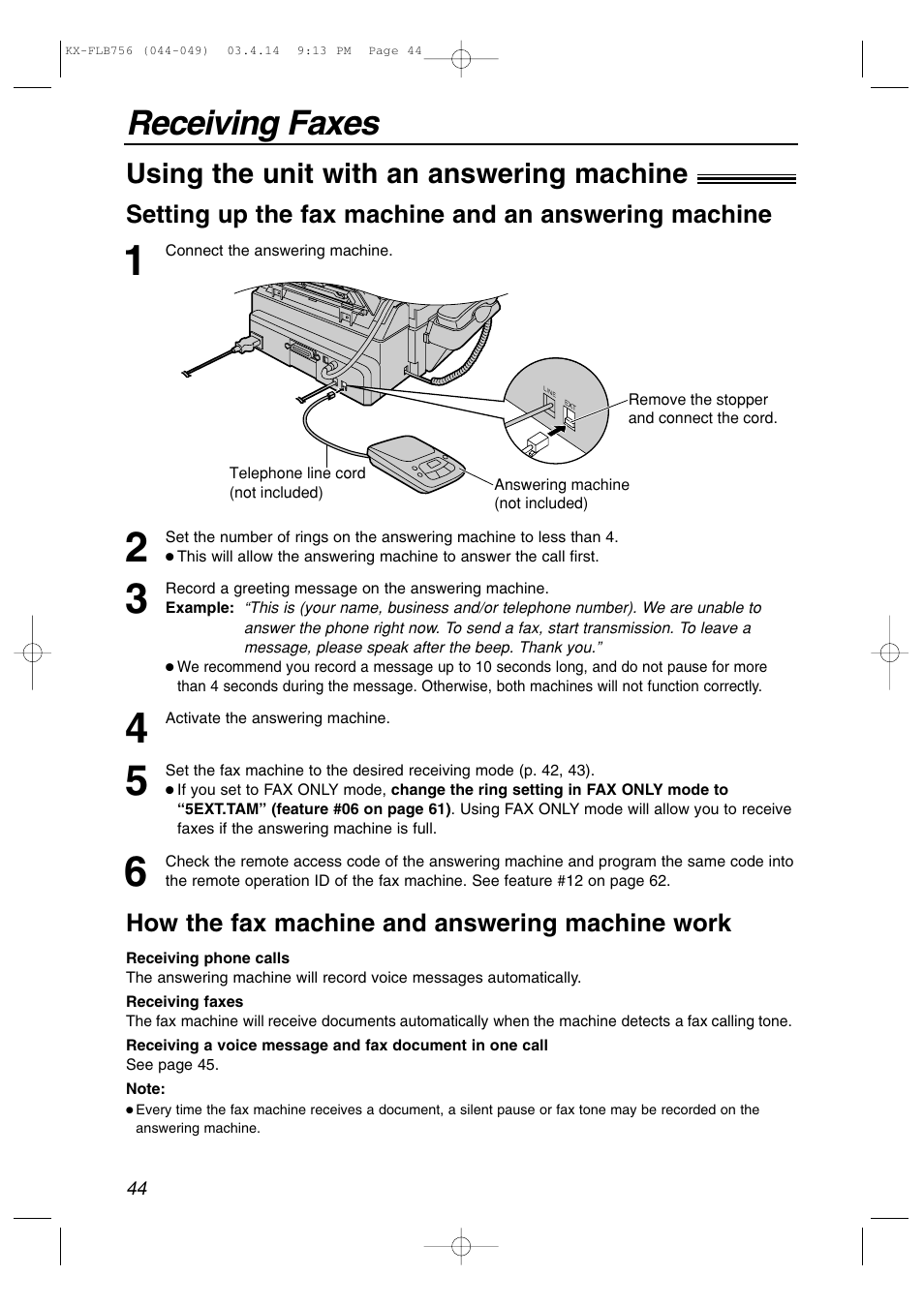 Receiving faxes, Using the unit with an answering machine | Panasonic KX-FLB756 User Manual | Page 44 / 92