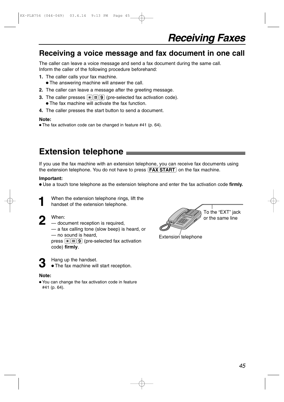 Receiving faxes, Extension telephone | Panasonic KX-FLB756 User Manual | Page 45 / 92