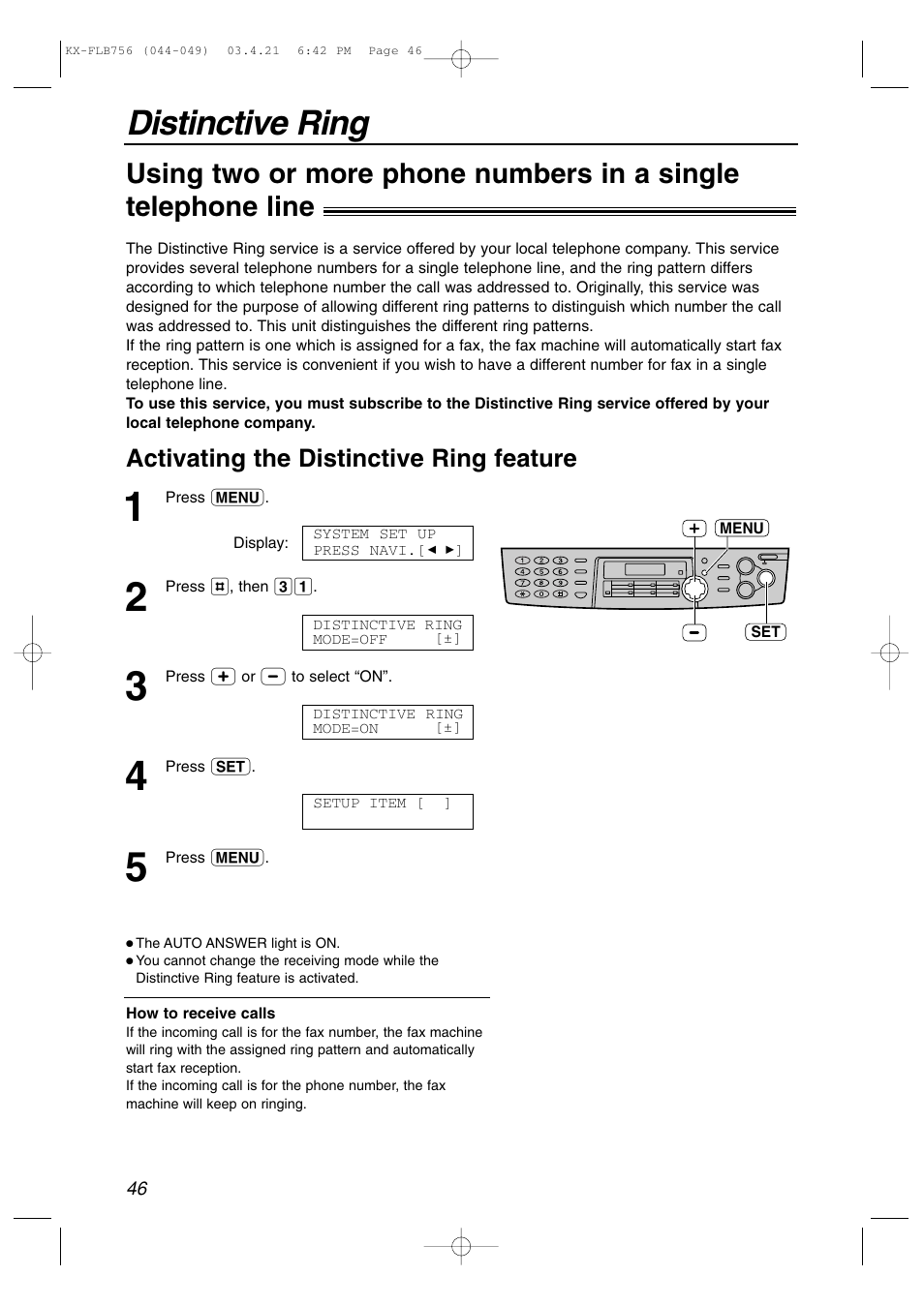 Distinctive ring, Activating the distinctive ring feature | Panasonic KX-FLB756 User Manual | Page 46 / 92