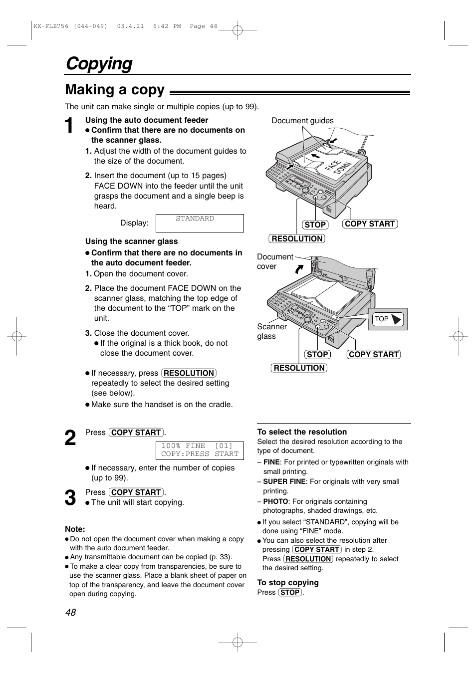 Copy, Copying, Making a copy | Panasonic KX-FLB756 User Manual | Page 48 / 92