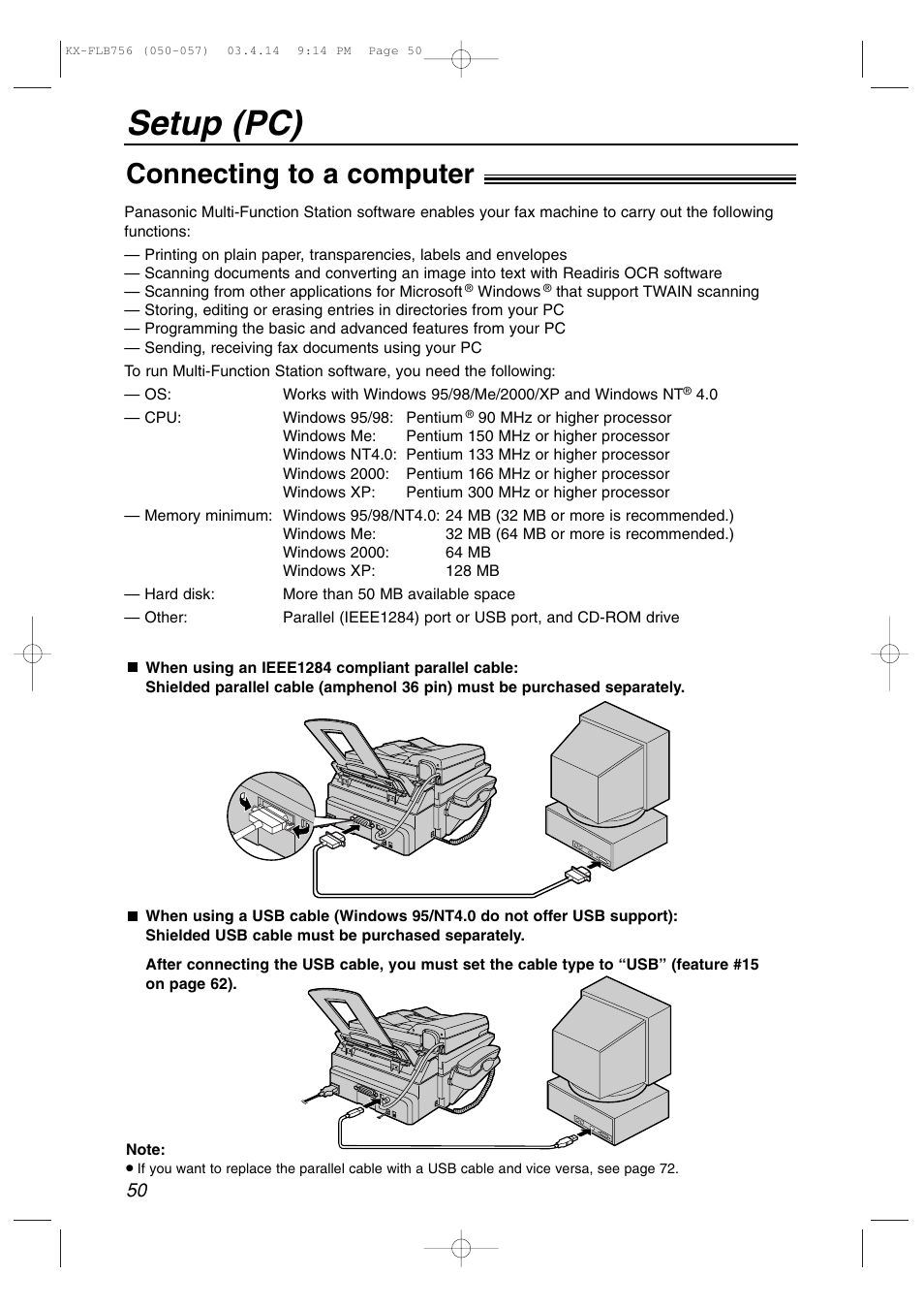 Multi-function station software, Setup (pc), Connecting to a computer | Panasonic KX-FLB756 User Manual | Page 50 / 92