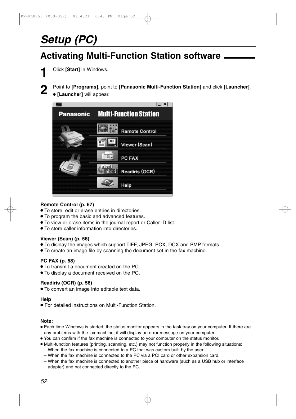 Setup (pc), Activating multi-function station software | Panasonic KX-FLB756 User Manual | Page 52 / 92