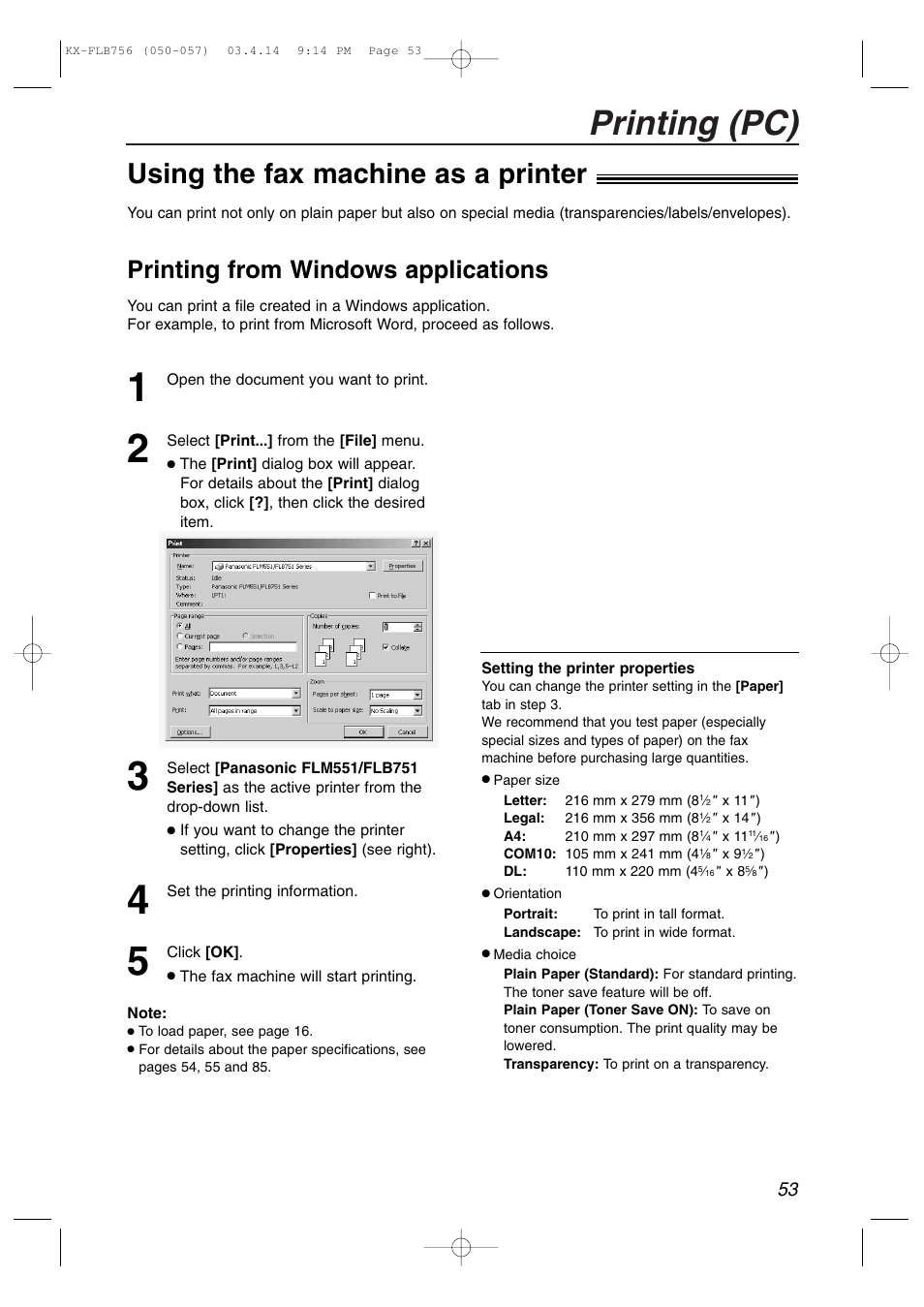 Printing (pc), Using the fax machine as a printer, Printing from windows applications | Panasonic KX-FLB756 User Manual | Page 53 / 92