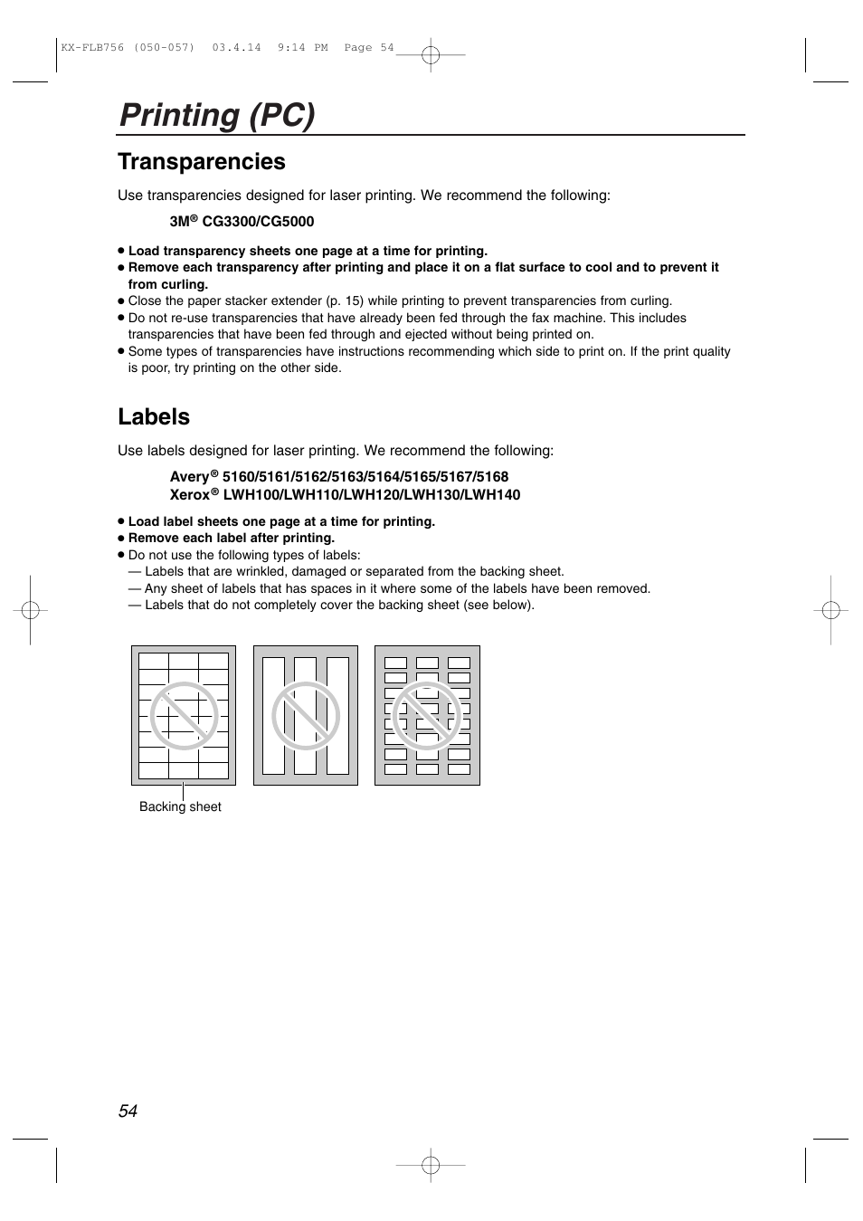 Printing (pc), Transparencies, Labels | Panasonic KX-FLB756 User Manual | Page 54 / 92