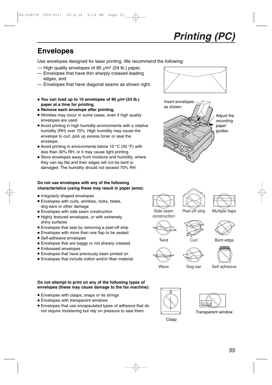 Printing (pc), Envelopes | Panasonic KX-FLB756 User Manual | Page 55 / 92