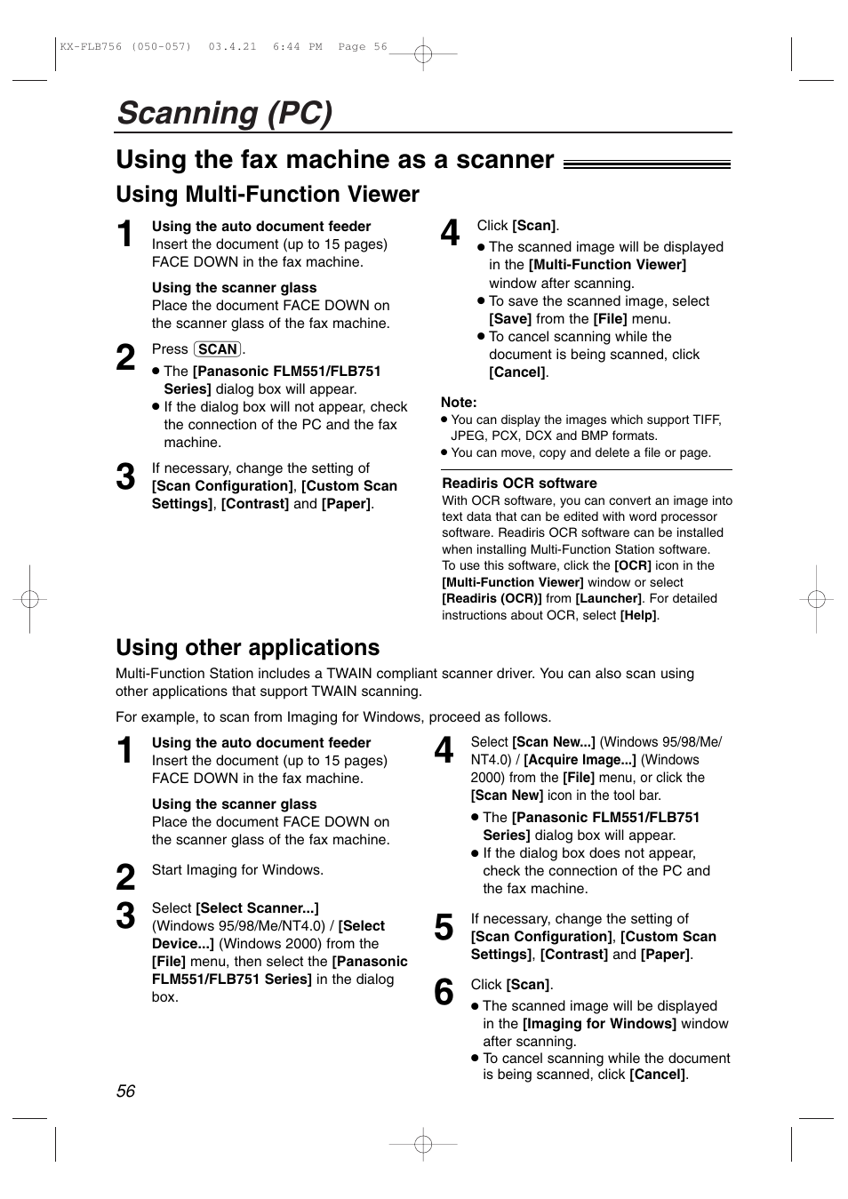 Scanning (pc), Using the fax machine as a scanner, Using multi-function viewer | Using other applications | Panasonic KX-FLB756 User Manual | Page 56 / 92