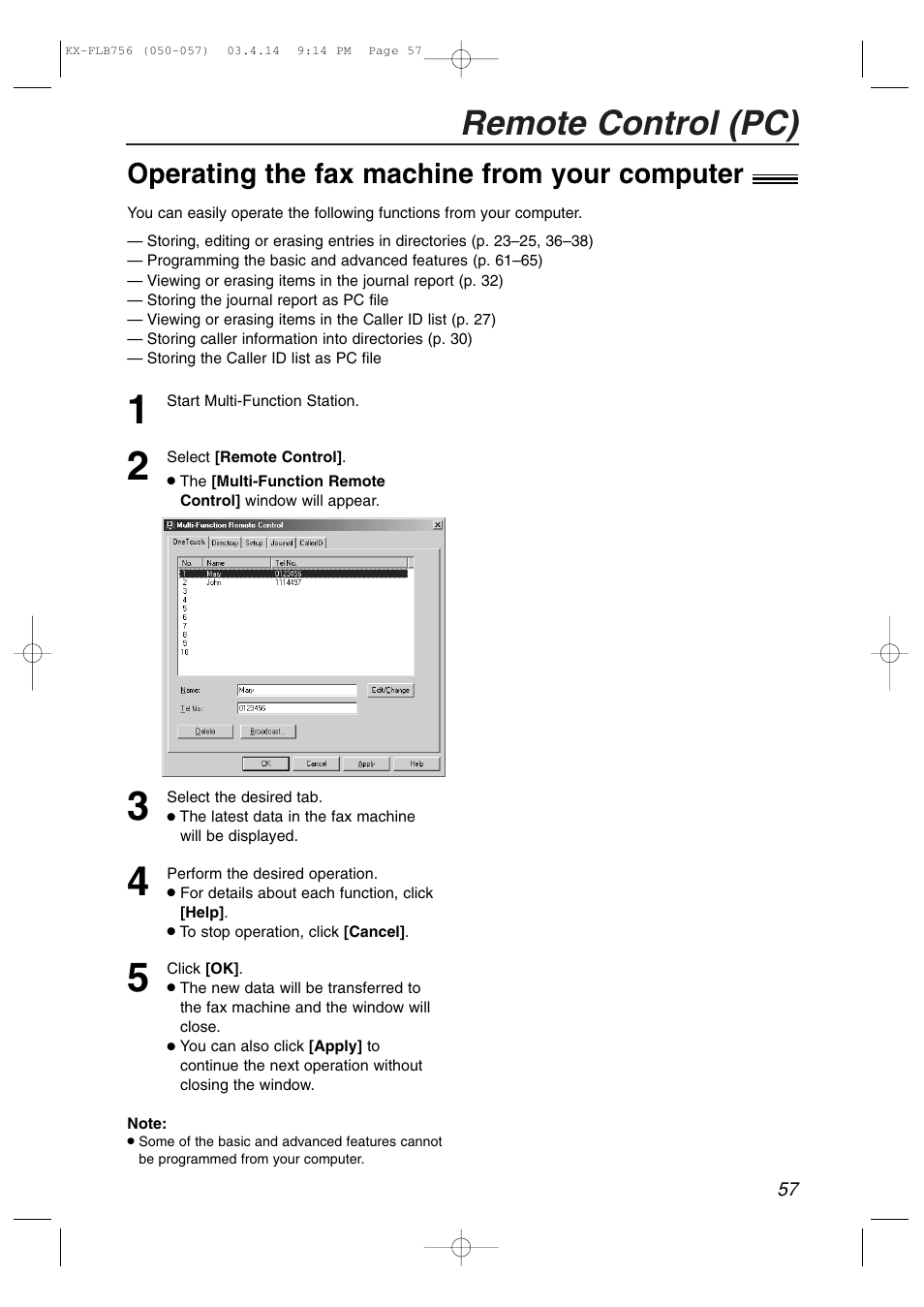 Remote control (pc), Operating the fax machine from your computer | Panasonic KX-FLB756 User Manual | Page 57 / 92