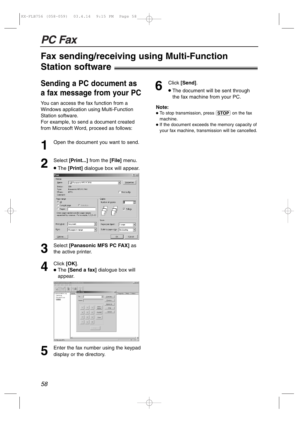 Pc fax | Panasonic KX-FLB756 User Manual | Page 58 / 92