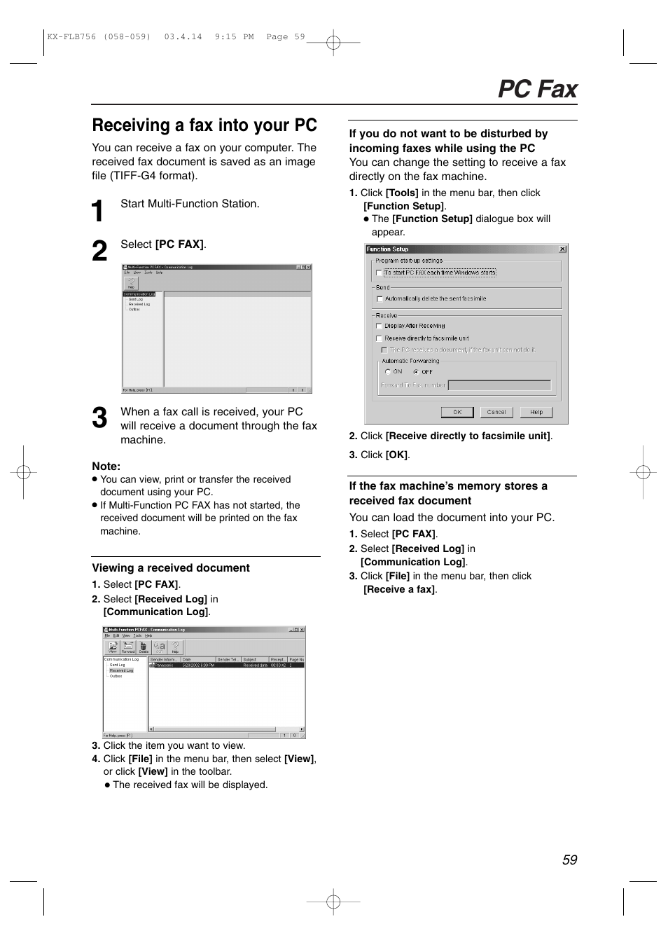 Pc fax, Receiving a fax into your pc | Panasonic KX-FLB756 User Manual | Page 59 / 92