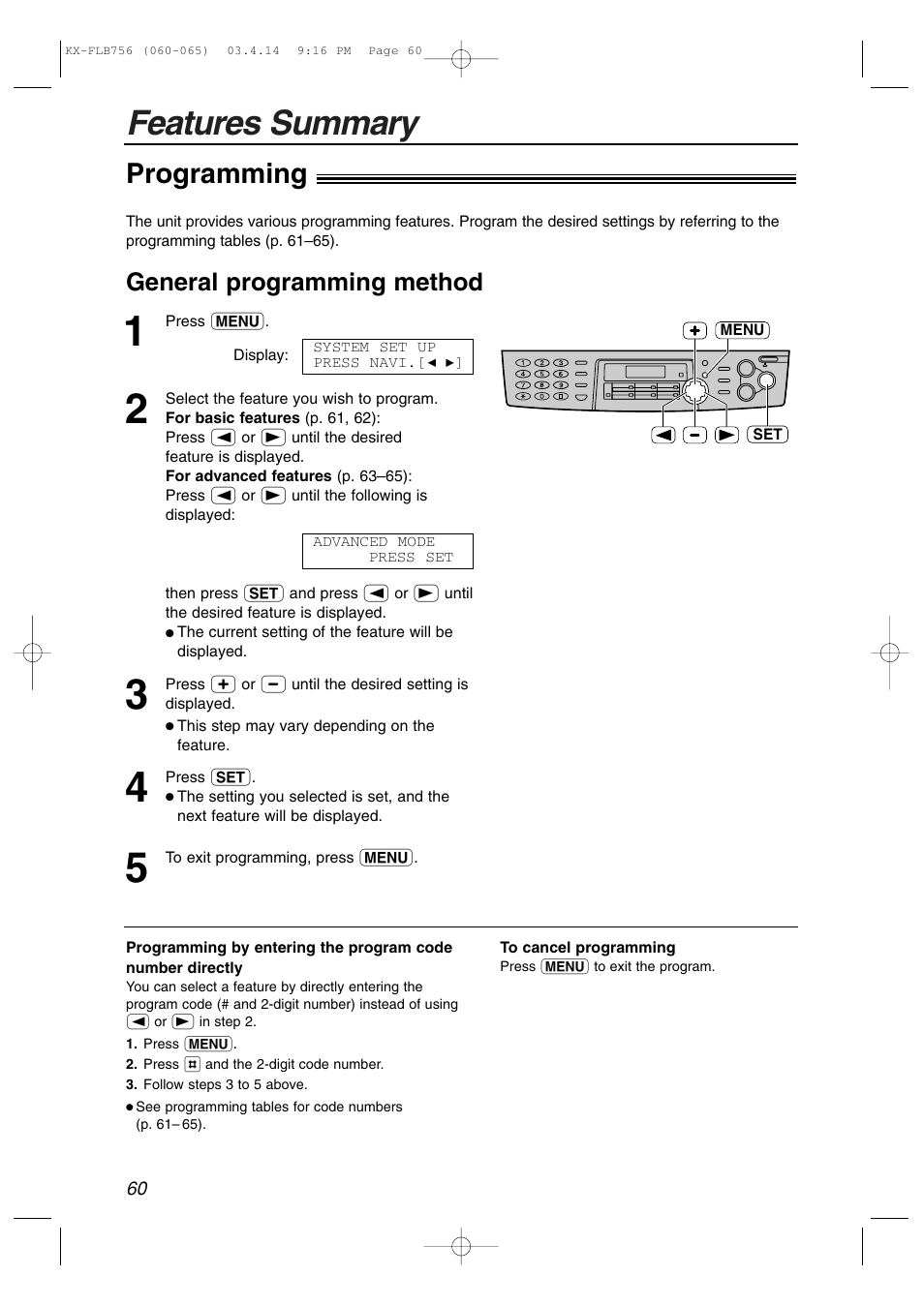Programmable features, Features summary, Programming | General programming method | Panasonic KX-FLB756 User Manual | Page 60 / 92