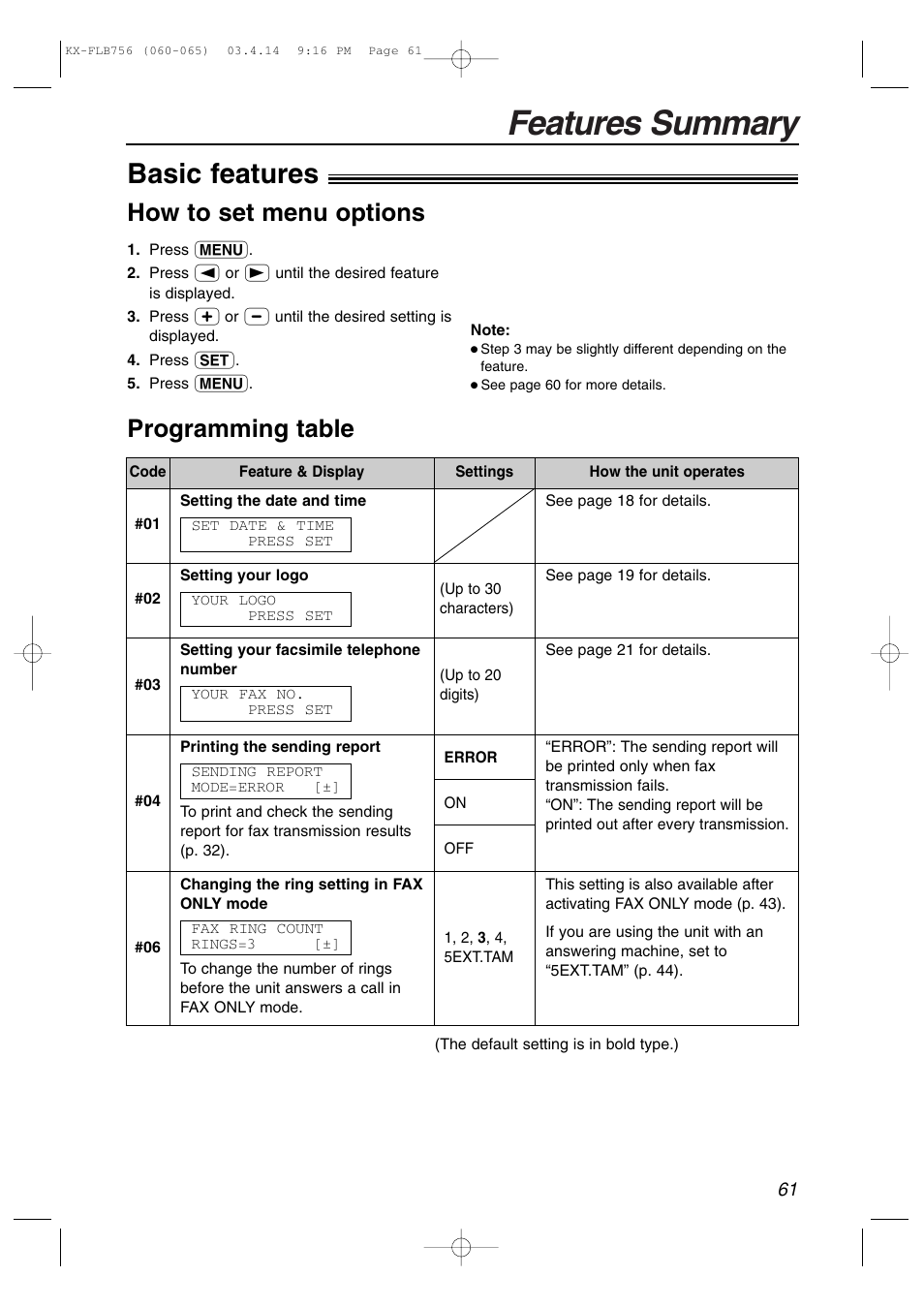 Features summary, Basic features, Programming table how to set menu options | Panasonic KX-FLB756 User Manual | Page 61 / 92