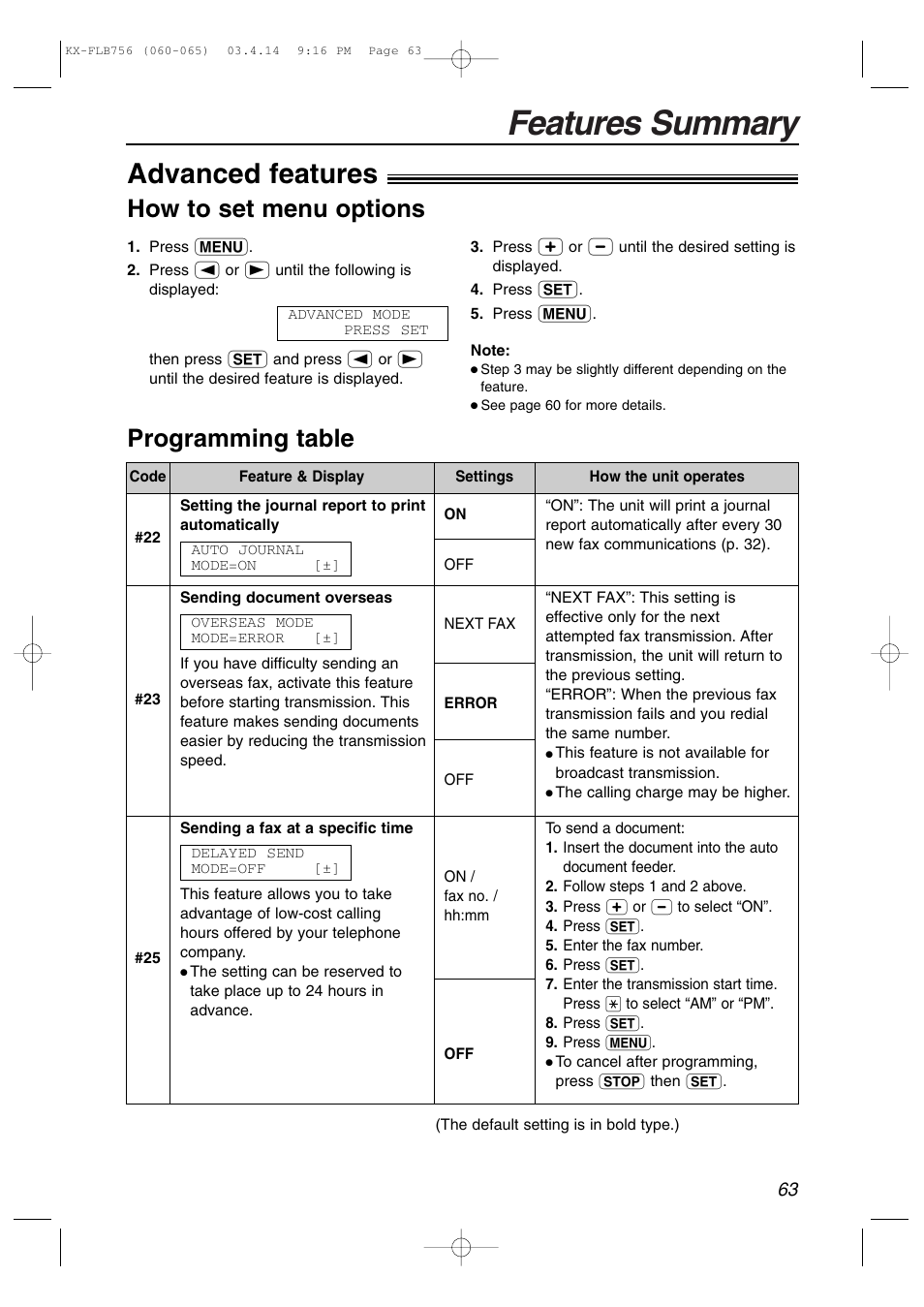 Features summary, Advanced features, How to set menu options programming table | Panasonic KX-FLB756 User Manual | Page 63 / 92