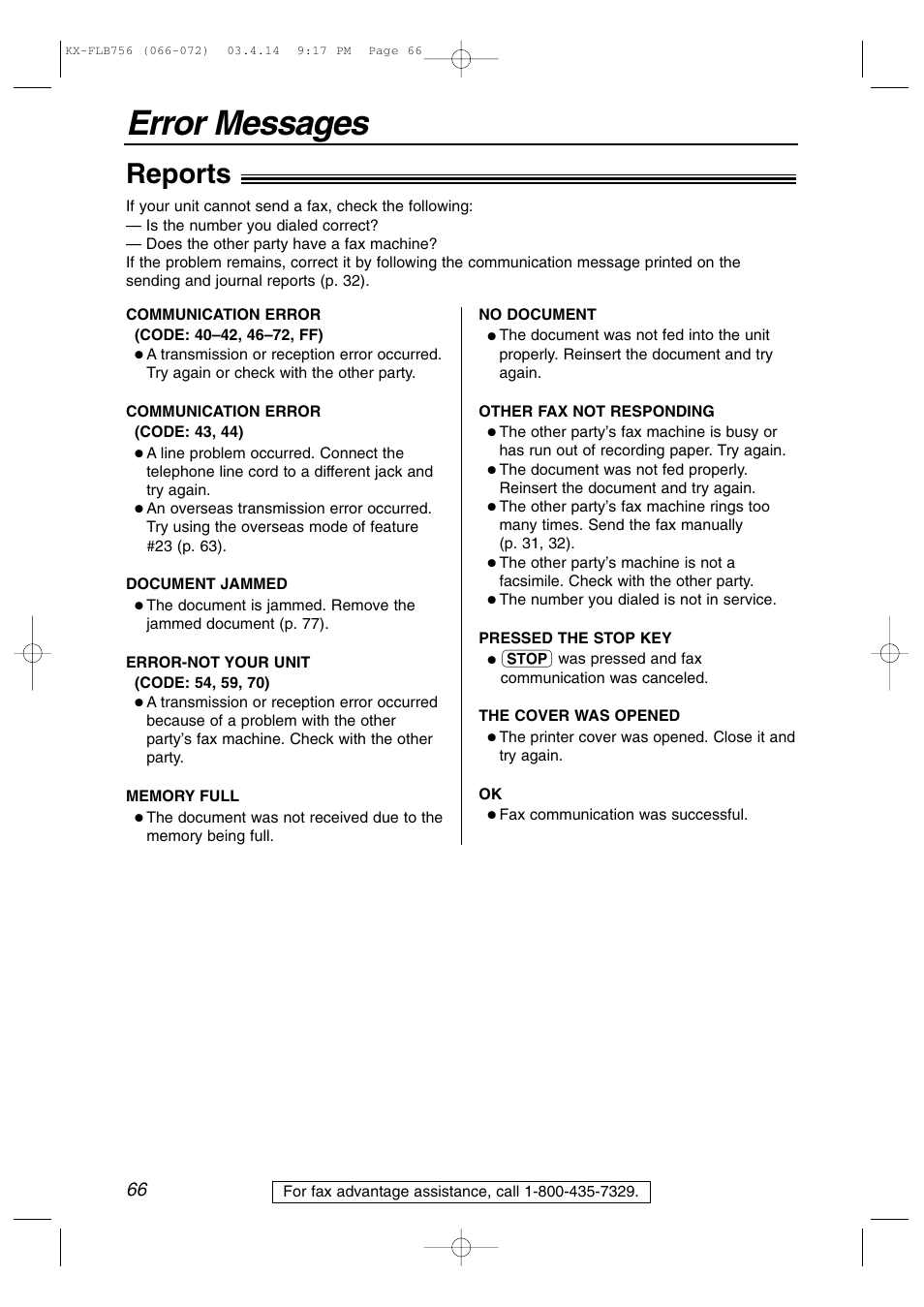 Help, Error messages, Reports | Panasonic KX-FLB756 User Manual | Page 66 / 92