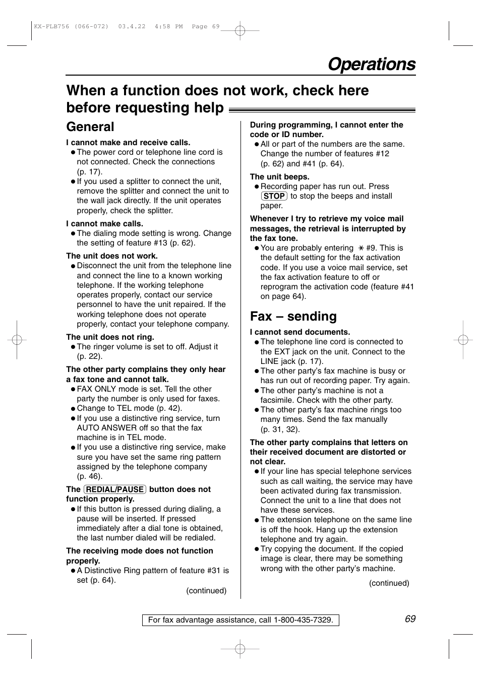 Operations, General, Fax – sending | Panasonic KX-FLB756 User Manual | Page 69 / 92