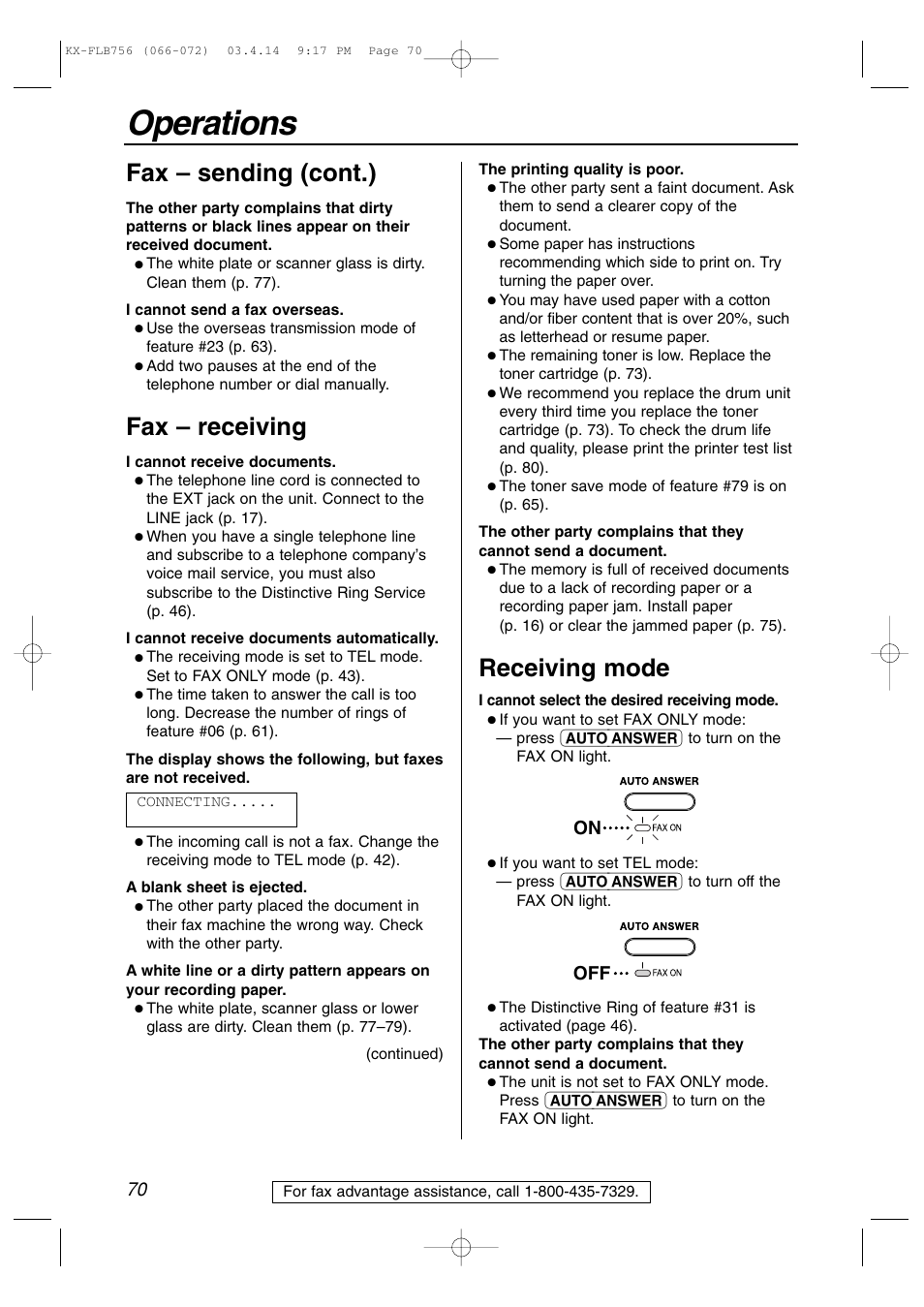 Operations, Fax – sending (cont.), Fax – receiving | Receiving mode, On off | Panasonic KX-FLB756 User Manual | Page 70 / 92