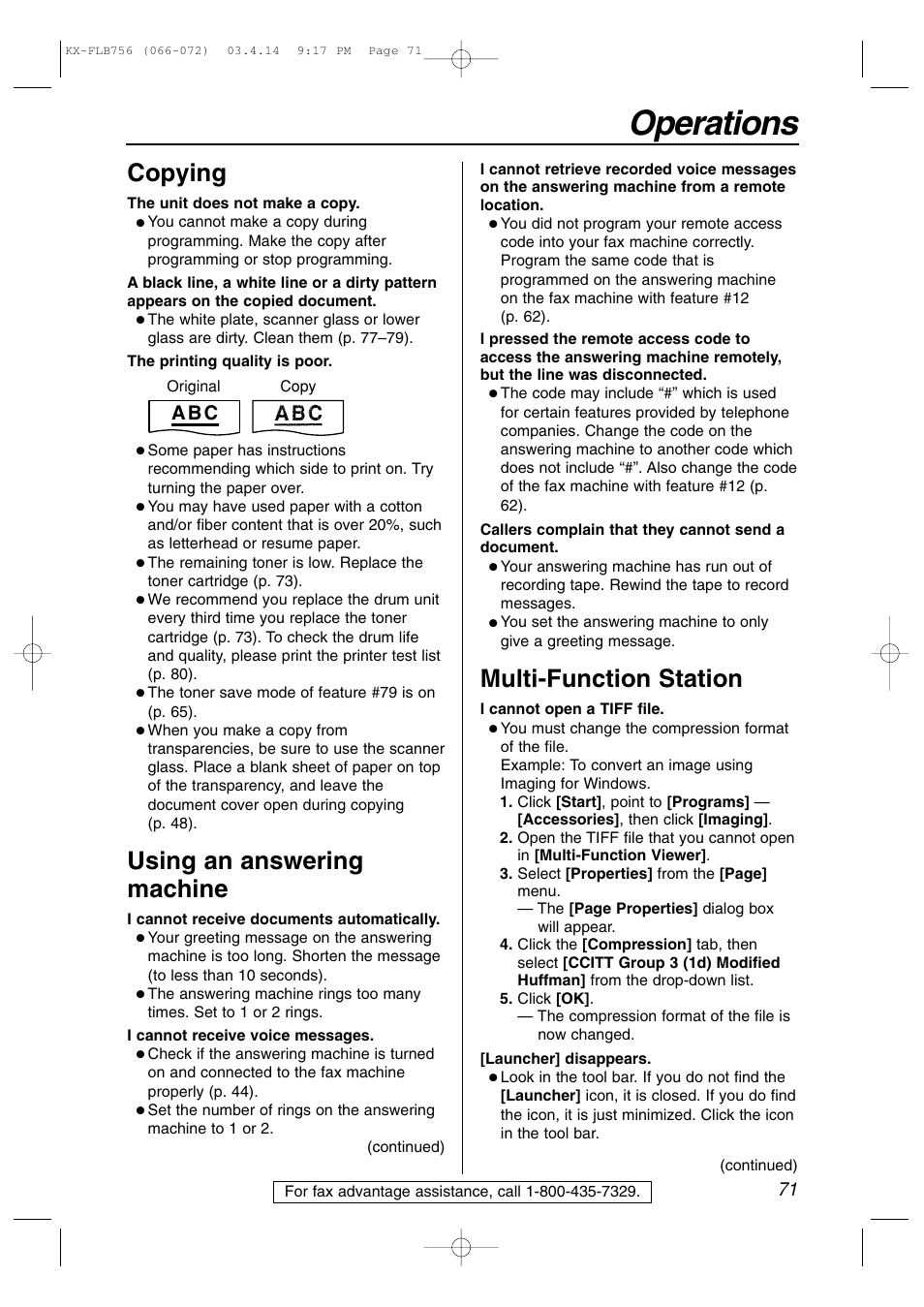 Operations, Copying, Using an answering machine | Multi-function station, A b c | Panasonic KX-FLB756 User Manual | Page 71 / 92