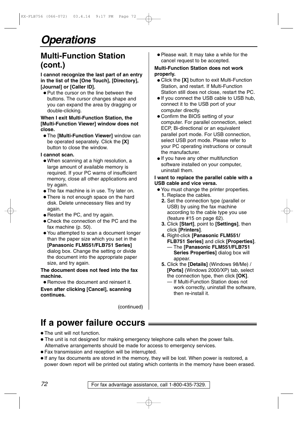 Operations, If a power failure occurs, Multi-function station (cont.) | Panasonic KX-FLB756 User Manual | Page 72 / 92