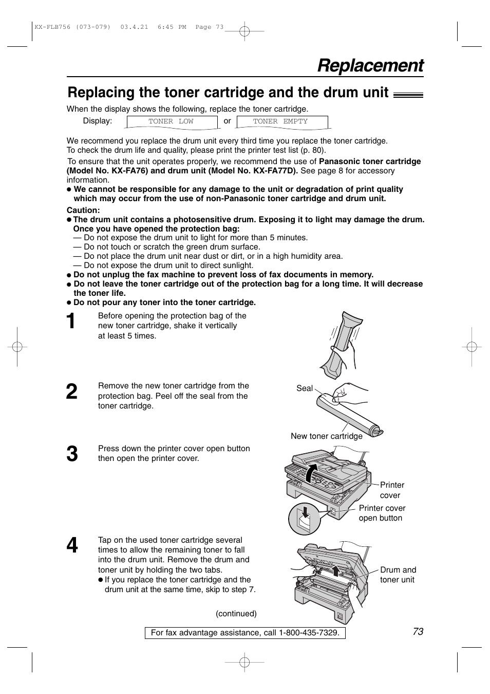 Replacement, Replacing the toner cartridge and the drum unit | Panasonic KX-FLB756 User Manual | Page 73 / 92