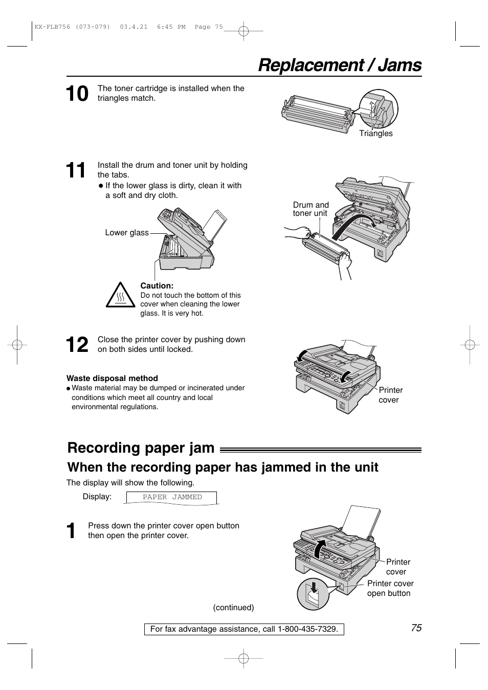 Jams, Replacement / jams, Recording paper jam | When the recording paper has jammed in the unit | Panasonic KX-FLB756 User Manual | Page 75 / 92