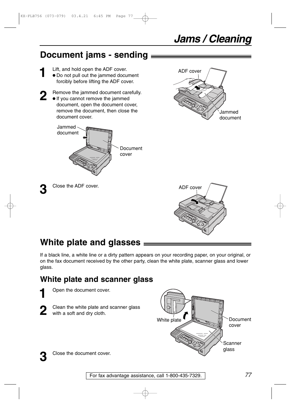 Cleaning, Jams / cleaning, Document jams - sending | White plate and glasses | Panasonic KX-FLB756 User Manual | Page 77 / 92