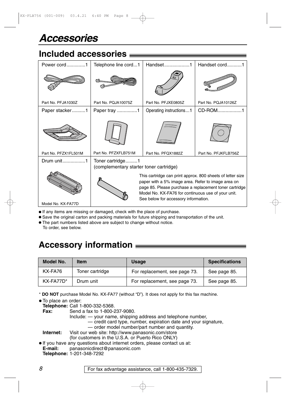 Initial preparation, Accessories, Included accessories | Accessory information | Panasonic KX-FLB756 User Manual | Page 8 / 92