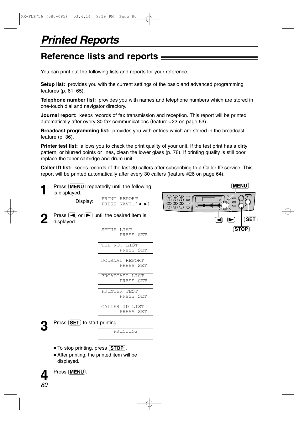 General information, Printed reports, Reference lists and reports | Panasonic KX-FLB756 User Manual | Page 80 / 92