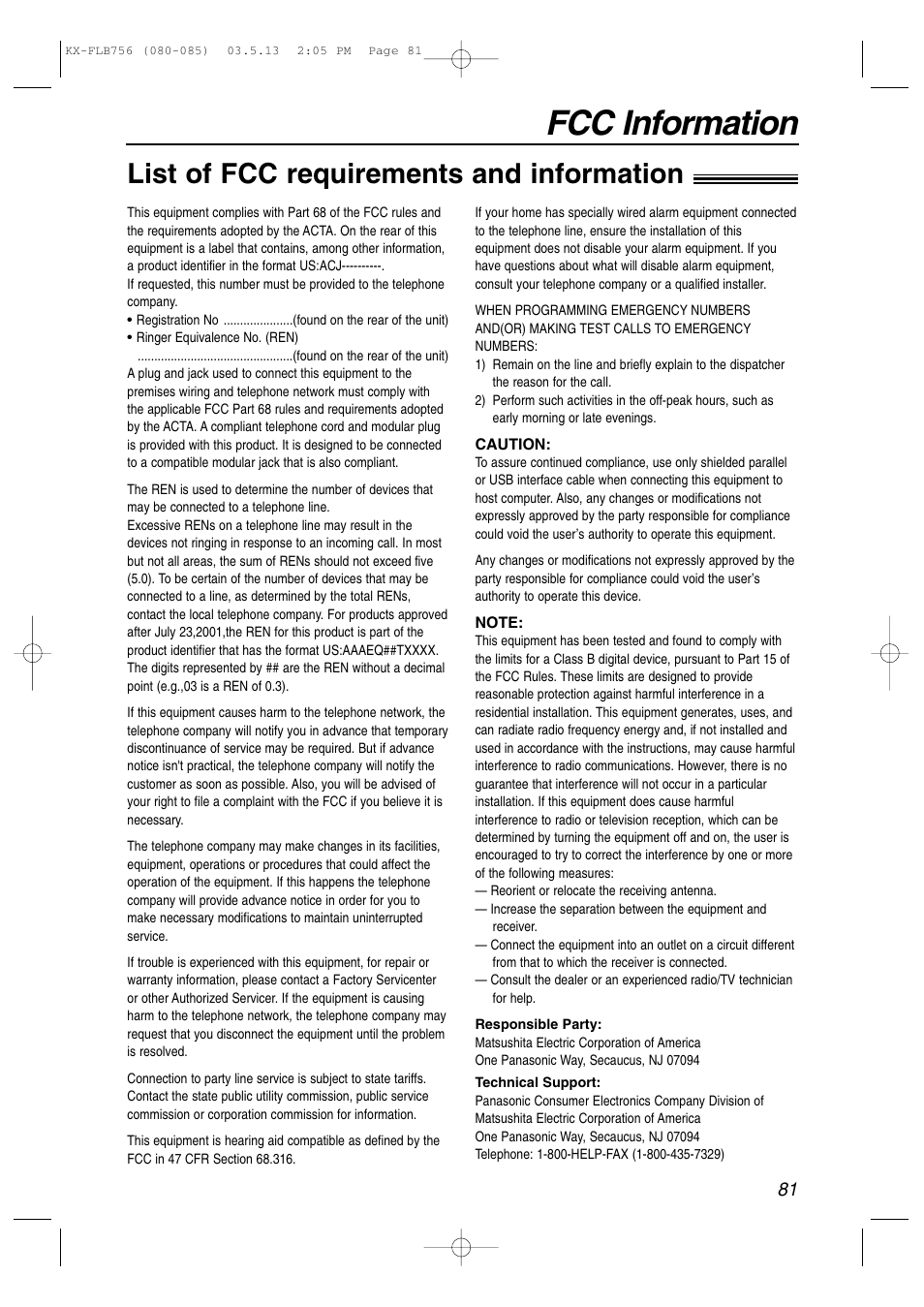 Fcc information, List of fcc requirements and information | Panasonic KX-FLB756 User Manual | Page 81 / 92