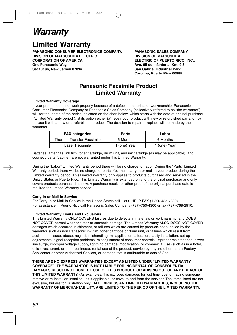 Warranty, Limited warranty, Panasonic facsimile product limited warranty | Panasonic KX-FLB756 User Manual | Page 82 / 92