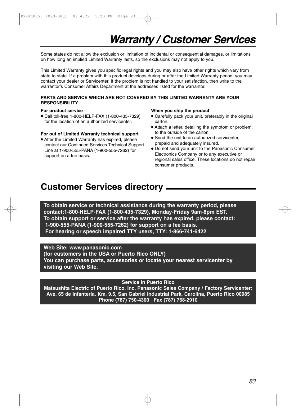 Customer services, Warranty / customer services, Customer services directory | Panasonic KX-FLB756 User Manual | Page 83 / 92