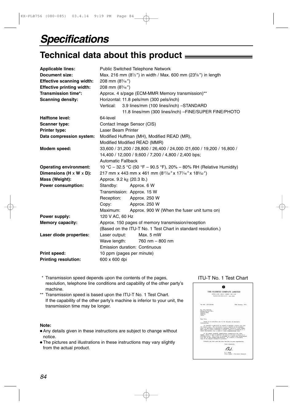 Specifications, Technical data about this product | Panasonic KX-FLB756 User Manual | Page 84 / 92