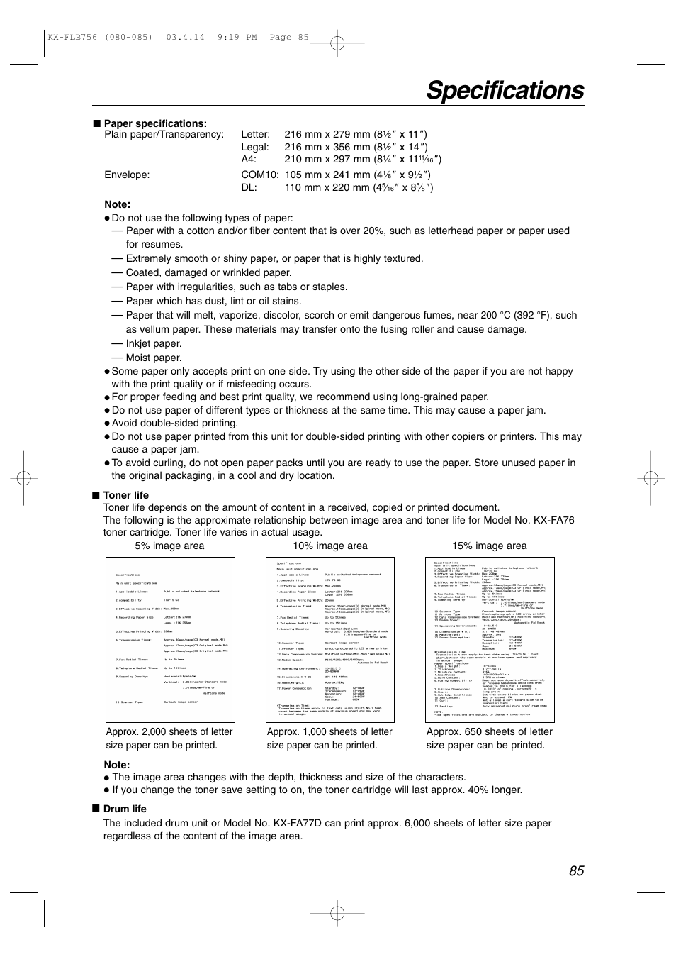 Specifications | Panasonic KX-FLB756 User Manual | Page 85 / 92