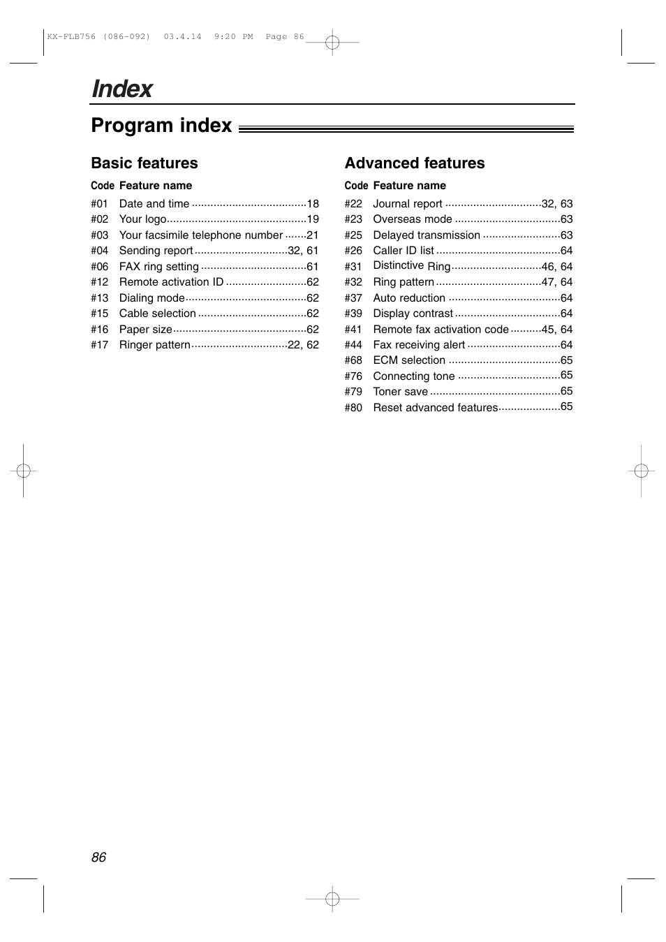 Index, Program index, Advanced features | Basic features | Panasonic KX-FLB756 User Manual | Page 86 / 92