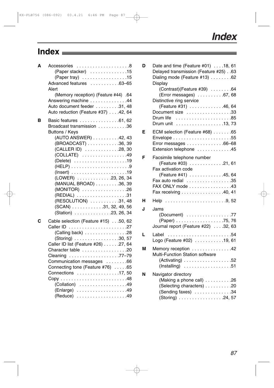 Index | Panasonic KX-FLB756 User Manual | Page 87 / 92