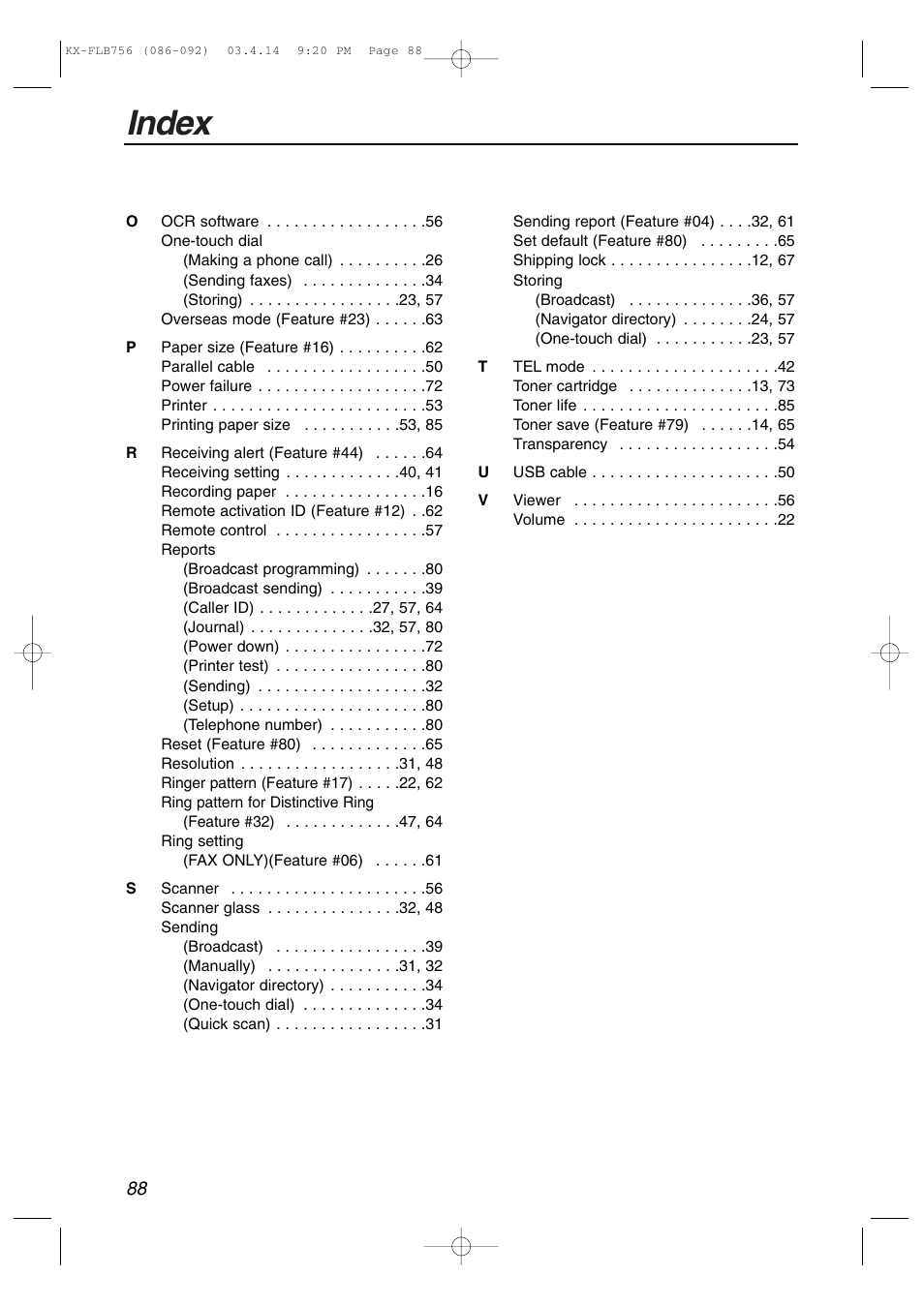 Index | Panasonic KX-FLB756 User Manual | Page 88 / 92