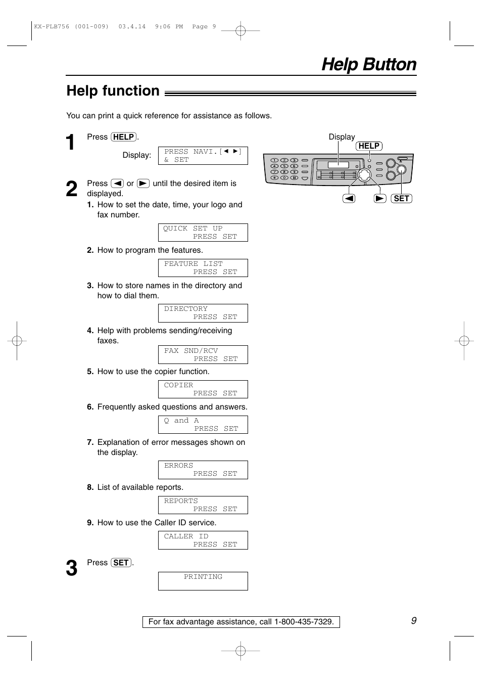 Help button, Help function | Panasonic KX-FLB756 User Manual | Page 9 / 92