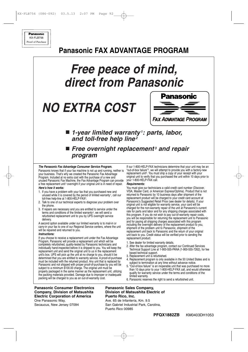 Panasonic fax advantage program, Year limited warranty, Parts, labor, and toll-free help line | Free overnight replacement, And repair program | Panasonic KX-FLB756 User Manual | Page 92 / 92