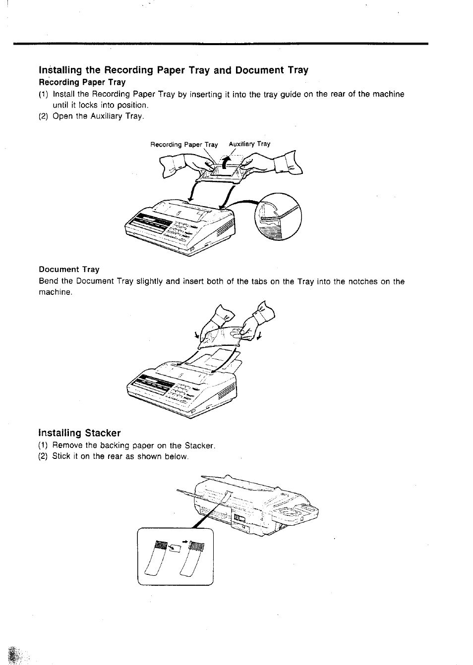 Document tray, Instailing stacker | Panasonic Panafax UF-127M User Manual | Page 11 / 80