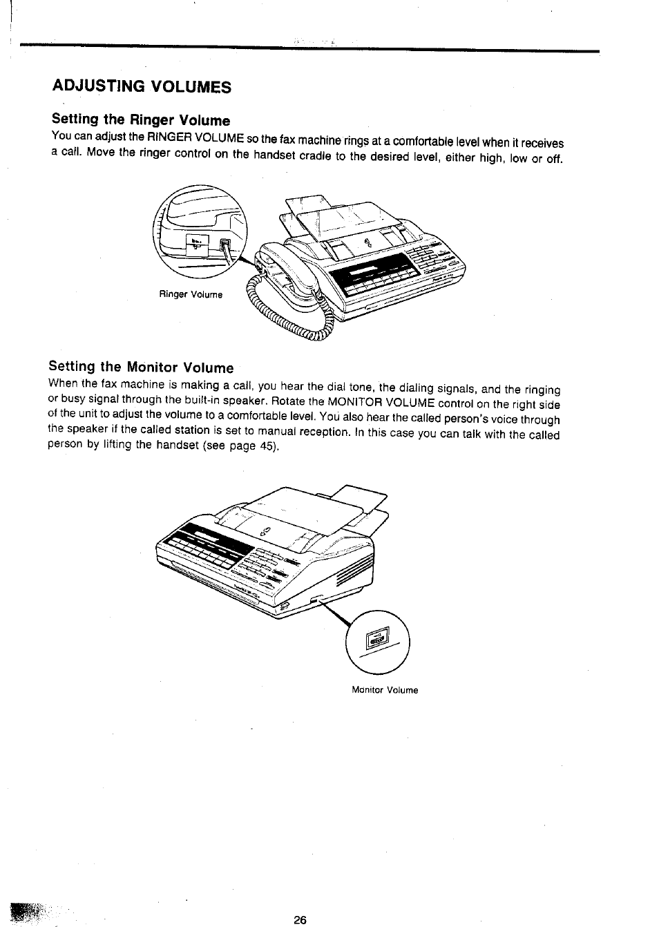 Adjusting volumes setting the ringer volume, Setting the monitor volume, Setting the ringer volume | Adjusting volumes | Panasonic Panafax UF-127M User Manual | Page 29 / 80