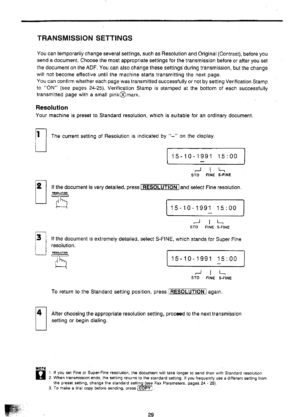 Transmission settings, Resolution | Panasonic Panafax UF-127M User Manual | Page 34 / 80