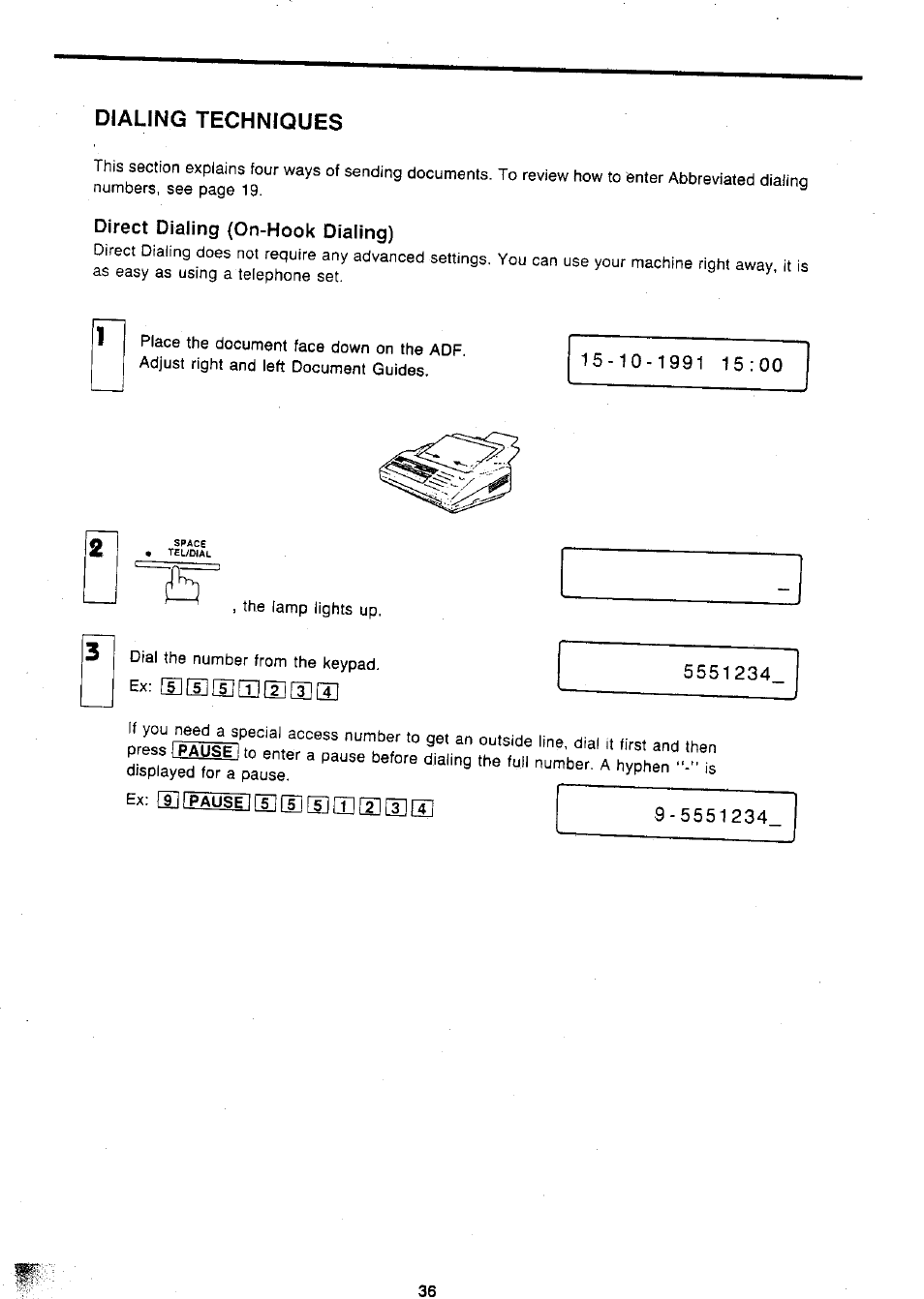 Direct dialing (on-hook dialing), Dialing techniques | Panasonic Panafax UF-127M User Manual | Page 41 / 80