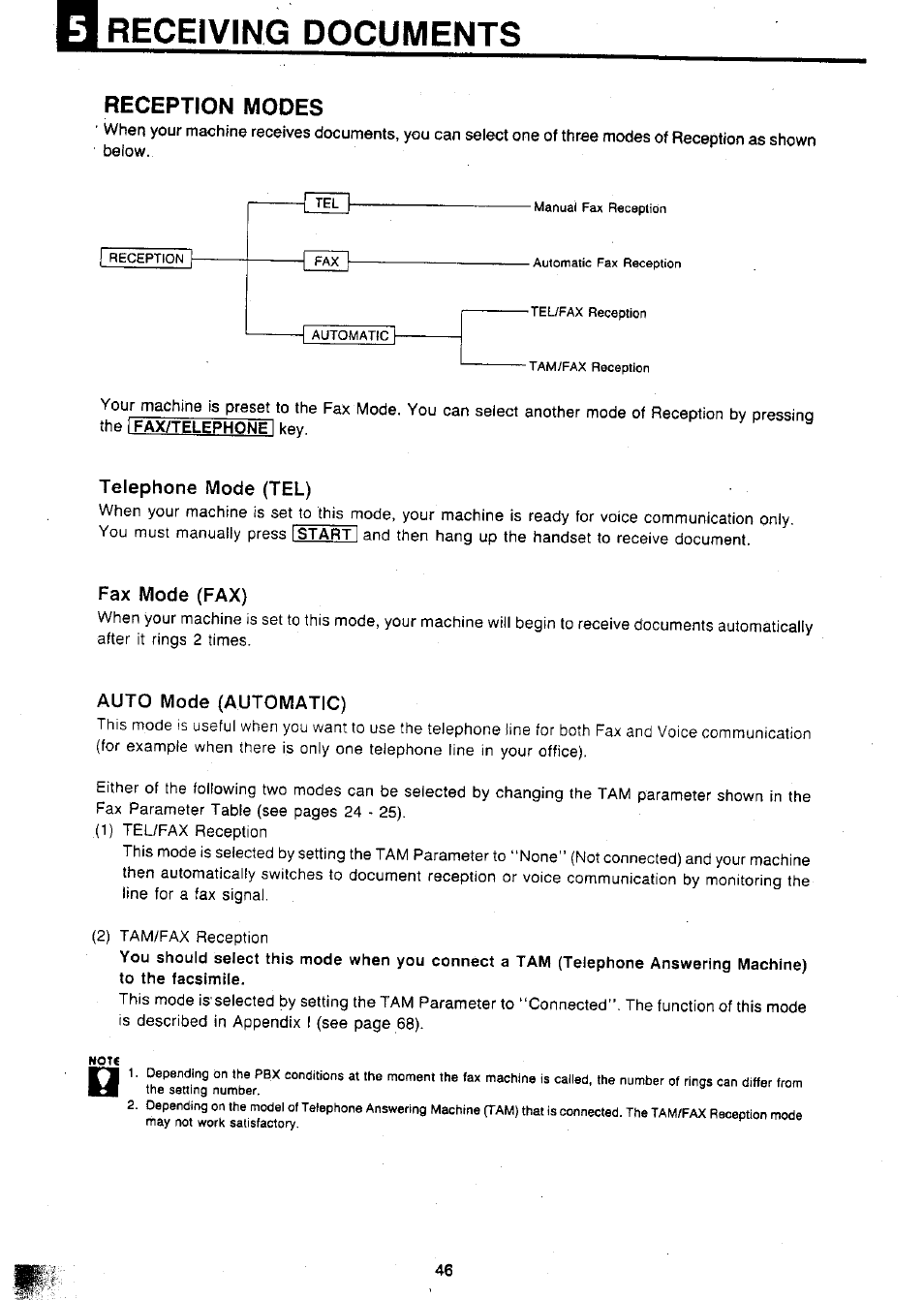 Receiving documents, Telephone mode (tel), Fax mode (fax) | Auto mode (automatic), Telephone mode, Reception modes | Panasonic Panafax UF-127M User Manual | Page 51 / 80