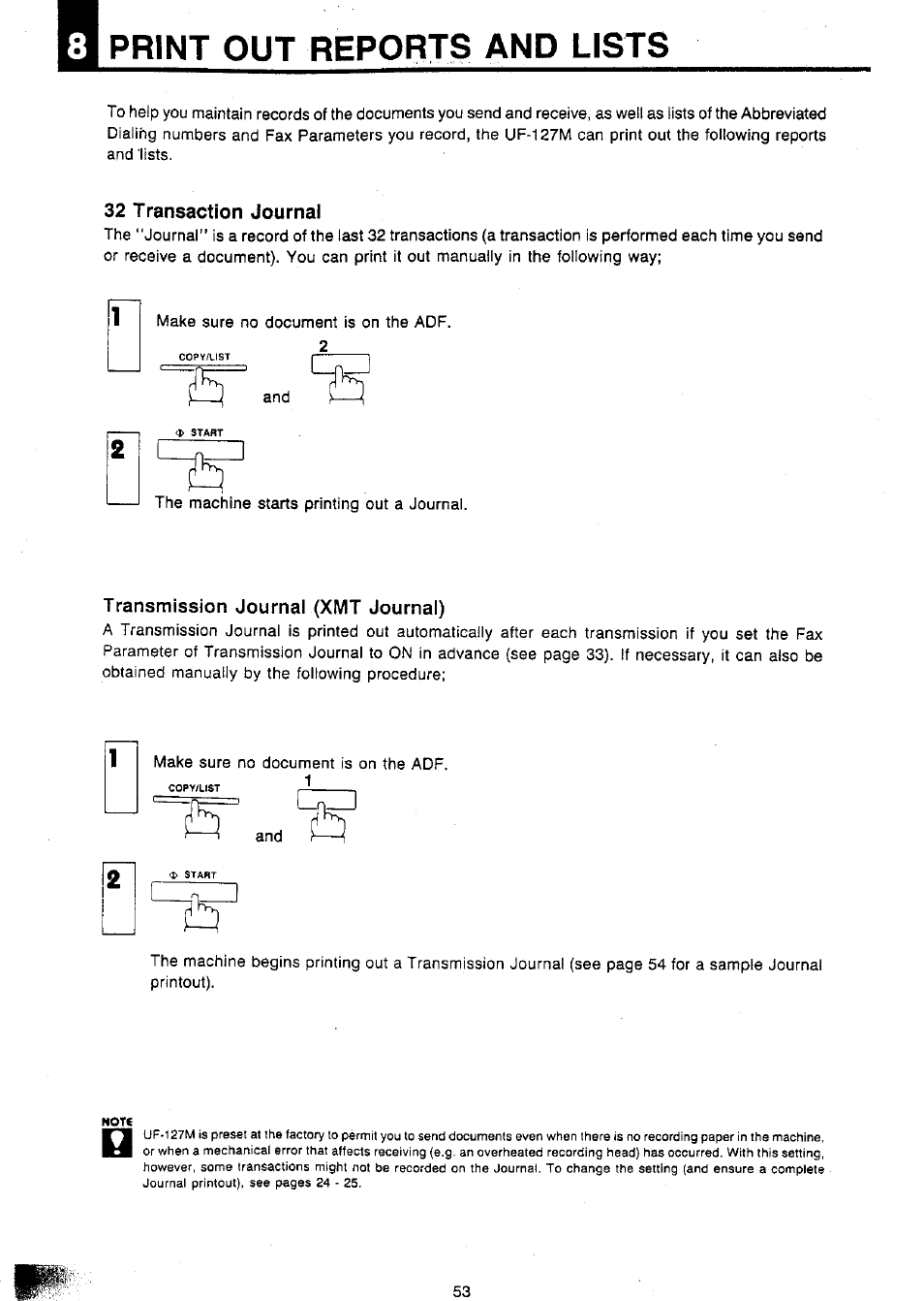 Print out reports and lists, 32 transaction journal, Transmission journal (xmt journal) | Panasonic Panafax UF-127M User Manual | Page 58 / 80