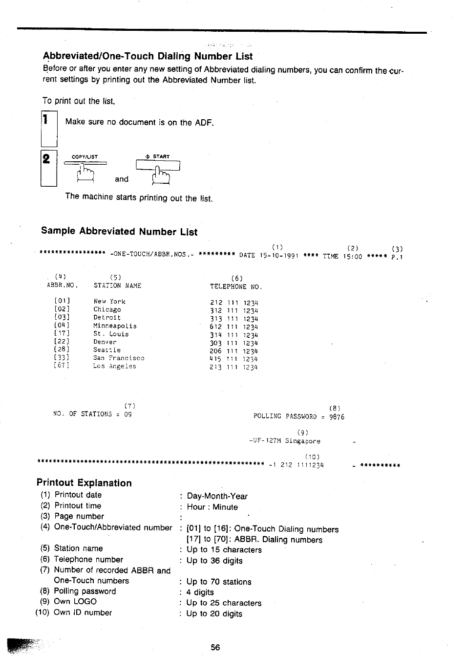 Abbreviated/one-touch dialing number list, Sample abbreviated number list, Printout explanation | Abbreviated/one-touch dialing number, List, Sample abbreviated number list o ) ( 2 ) ( 3 ) | Panasonic Panafax UF-127M User Manual | Page 61 / 80