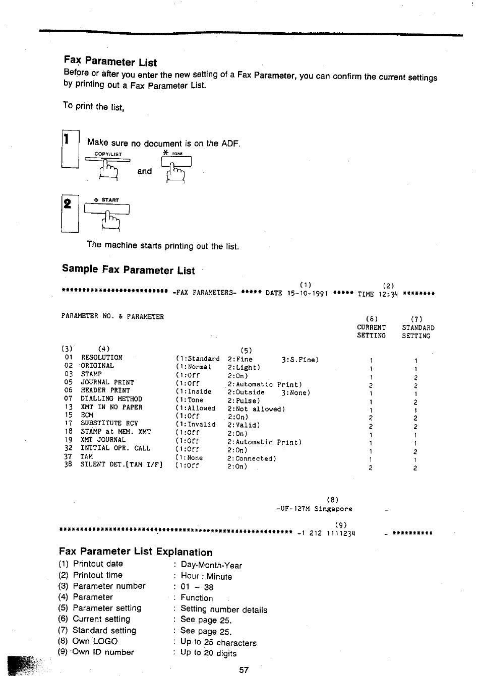 Fax parameter list, Sample fax parameter list, Explanation | T5“ “ n | Panasonic Panafax UF-127M User Manual | Page 62 / 80