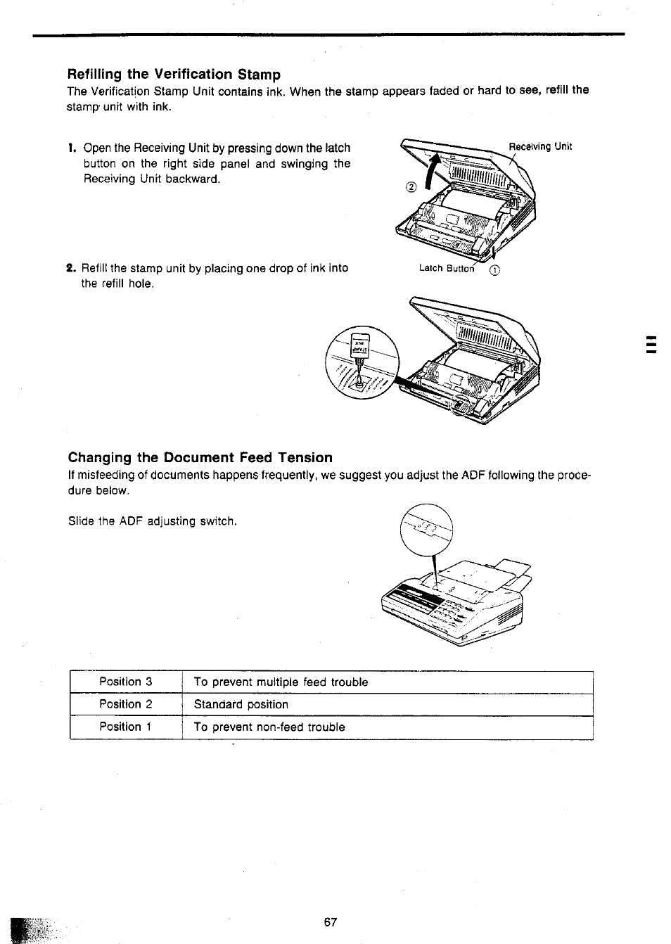 Refilling the verification stamp, Changing the document feed tension | Panasonic Panafax UF-127M User Manual | Page 72 / 80