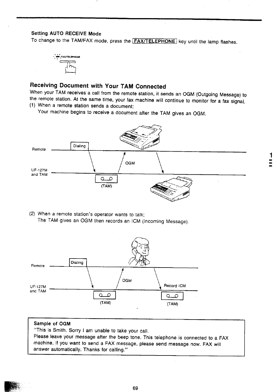 Receiving document with your tam connected | Panasonic Panafax UF-127M User Manual | Page 74 / 80