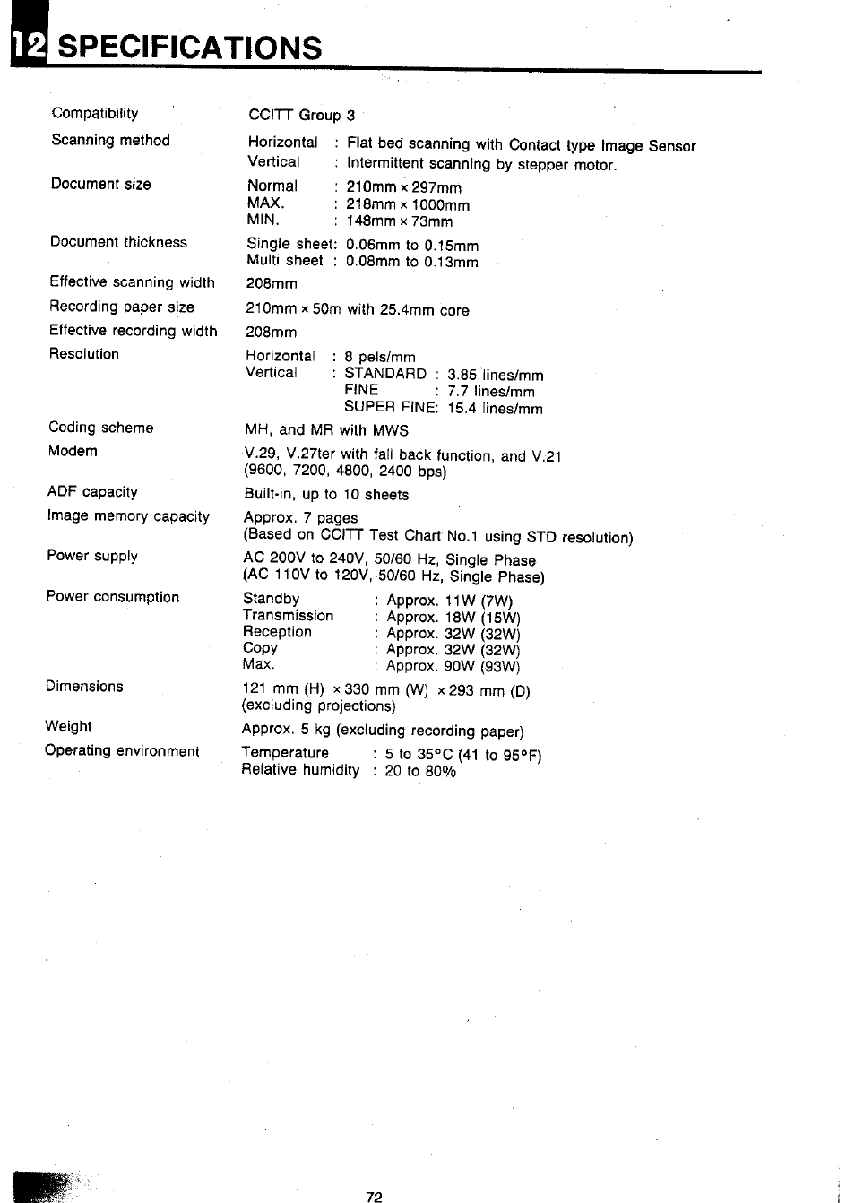 Specifications | Panasonic Panafax UF-127M User Manual | Page 77 / 80